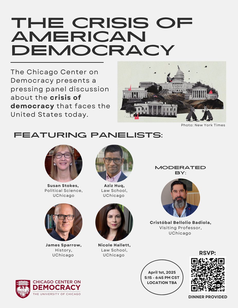 uchidemocracy's tweet photo. The Chicago Center on Democracy invites all to attend a panel and conversation on April 1 (5:15 - 6:45pm) about the crisis of democracy that faces the United States today. 

RSVP; dinner will be provided: https://t.co/kSWdjhc6vo https://t.co/3p3tutYe7E
