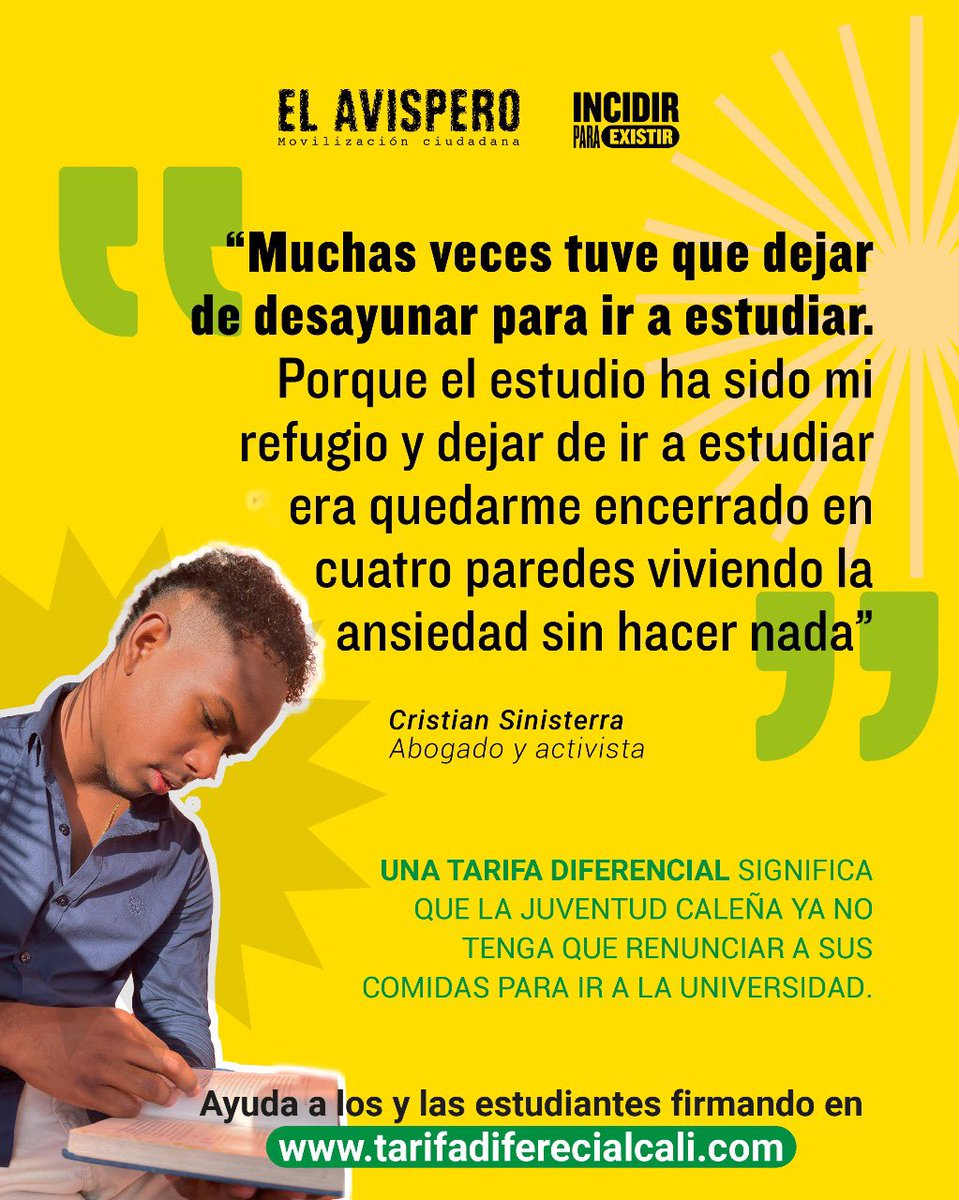 No podemos permitir que los estudiantes tengan que elegir entre comer y estudiar, ¡nadie debería enfrentar esa decisión! 💔

Apostemos por un futuro donde estudiar sea realmente accesible, hazle presión al gobierno de Cali firmando en tarifadiferencialcali.com. ✨ Una tarifa