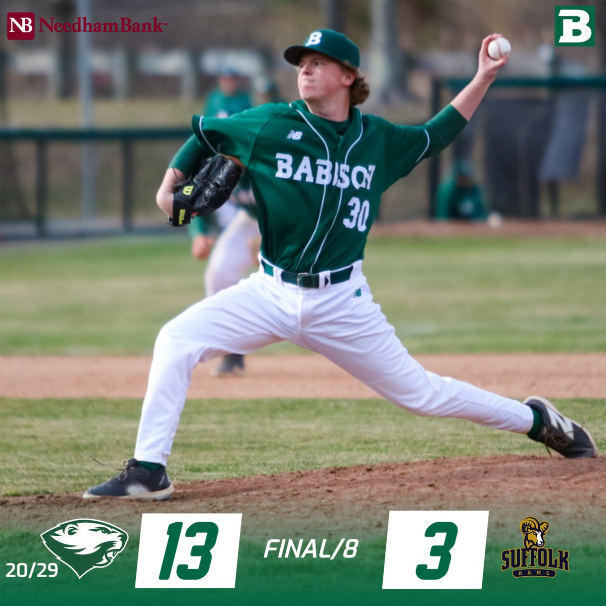 BabsonAthletics's tweet photo. Ryan Liss and Zander Teator each hit a three-run homer and Chase Burrows improved to 3-0 with five shutout innings out of the bullpen to help No. 20/29 @BabsonBaseball defeat @gosuffolkrams 13-3 in eight innings on Wednesday. #GoBabo #d3baseball https://t.co/pMI2Sos4NY