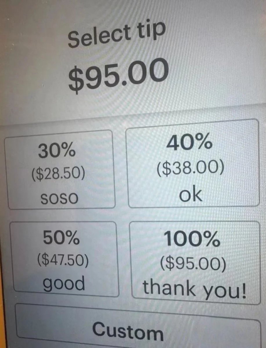 In Ireland or Finland you'd get €5 tip. And that's how the Lord intended. 
Making a whole nation believe the customer should pay the employee's wage is the biggest scam.
#tipping #USA #ScamAlert