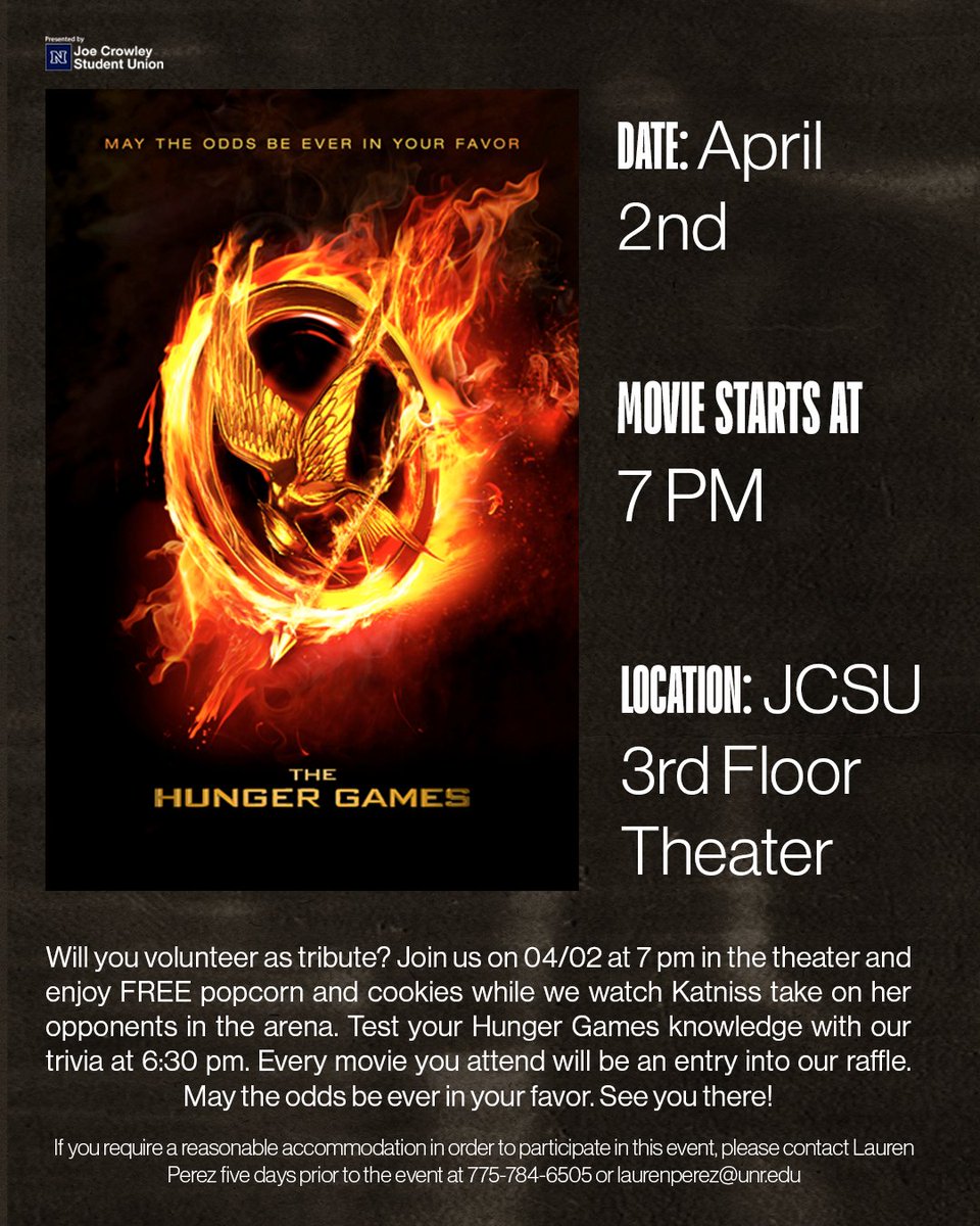 Get ready for the 74th Annual Hunger Games! We’re kicking off our movie series with the first Hunger Games movie on April 2nd. Join us at 6:30 PM for fun pre-show trivia, FREE popcorn, and snacks. Who do you think will survive? Don’t miss out—see you there, Wolf Pack!