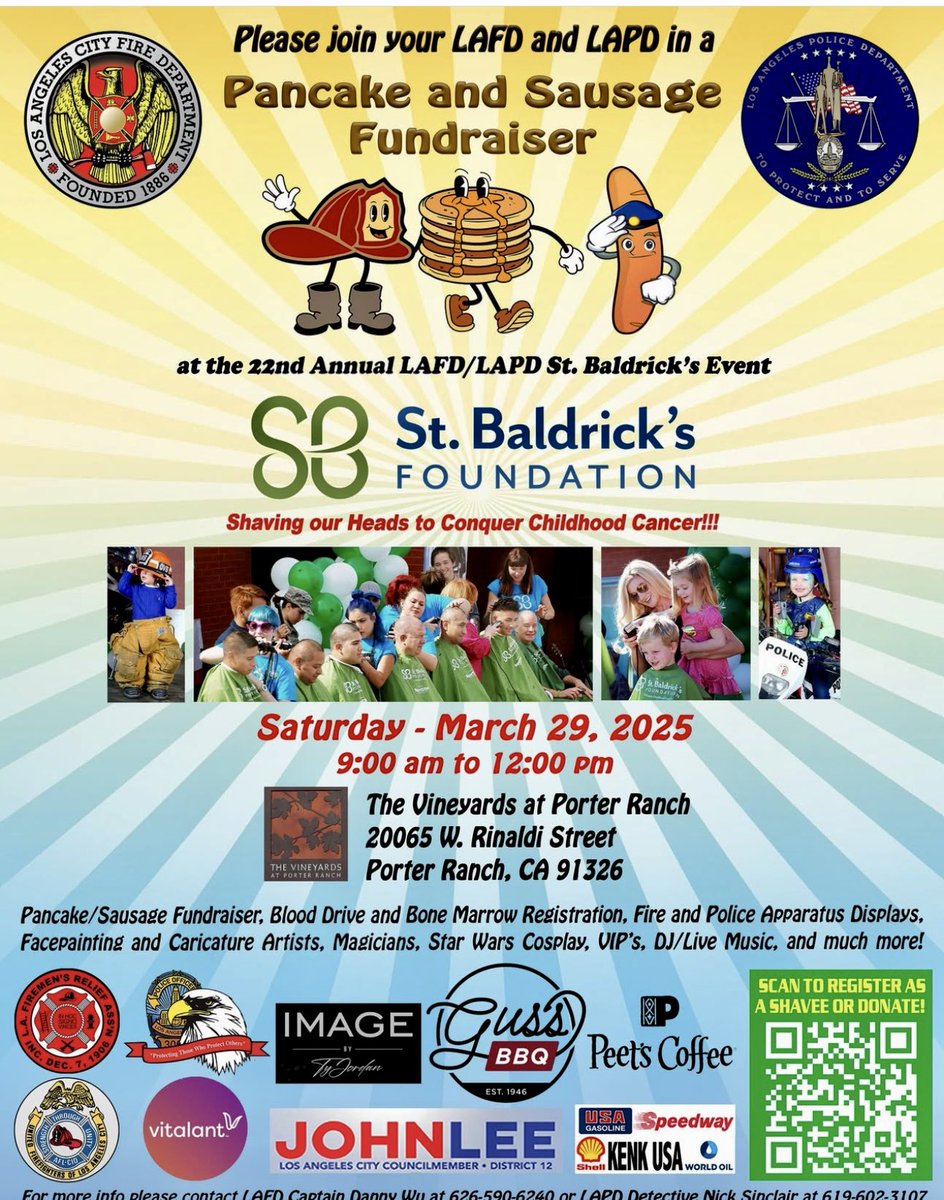 LAFD Bandwagon (@lafdbandwagon) on Twitter photo Join us for the 22nd LAFD/LAPD St. Baldrick's Foundation Fundraiser and family event on March 29th from 8AM to 12PM!
Help us support childhood cancer research by attending this fun-filled event!
<a href="/LAFDvalley/">LAFD Valley</a>
#stbaldricks #stbaldricksfoundation #childhoodcancer #fundraiser Join us for the 22nd LAFD/LAPD St. Baldrick's Foundation Fundraiser and family event on March 29th from 8AM to 12PM!
Help us support childhood cancer research by attending this fun-filled event!
<a href="/LAFDvalley/">LAFD Valley</a>
#stbaldricks #stbaldricksfoundation #childhoodcancer #fundraiser