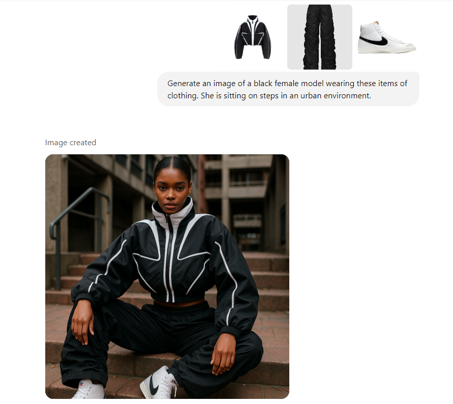 MrDavids1's tweet photo. Yup! Looks like @OpenAI ChatGPT 4o model can easily do fashion try on's with multiple images as references. Pretty crazy! Feels like I'm using Kling Elements but with images. Of course, it's not perfect, some things are certainly changing with the garment but the fact that it can one shot this with multiple garments as an input is really cool.