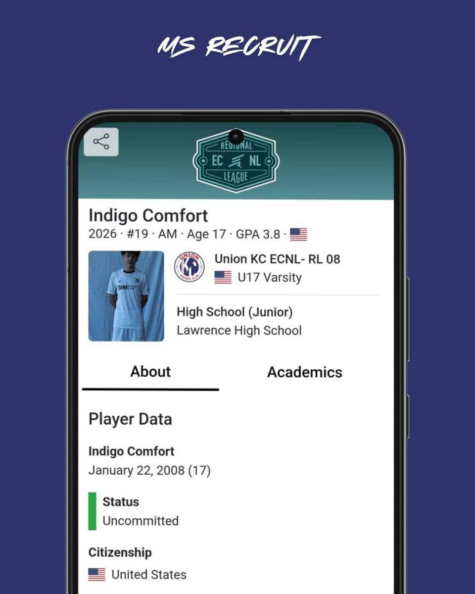 Internespo's tweet photo. 💥 Spotlight: @Indigo_Comfort 

⚽️ 2026 · Attacking Midfielder
🏟️ @unionkcsoccer
📍 Lee's Summit, MO

Player Profile: https://t.co/UAjL6Hb8AD

#YouthSoccer #ECNL #ECNLBoys #GA #CollegeSoccer #Recruiting https://t.co/Ob9rK6DPWp