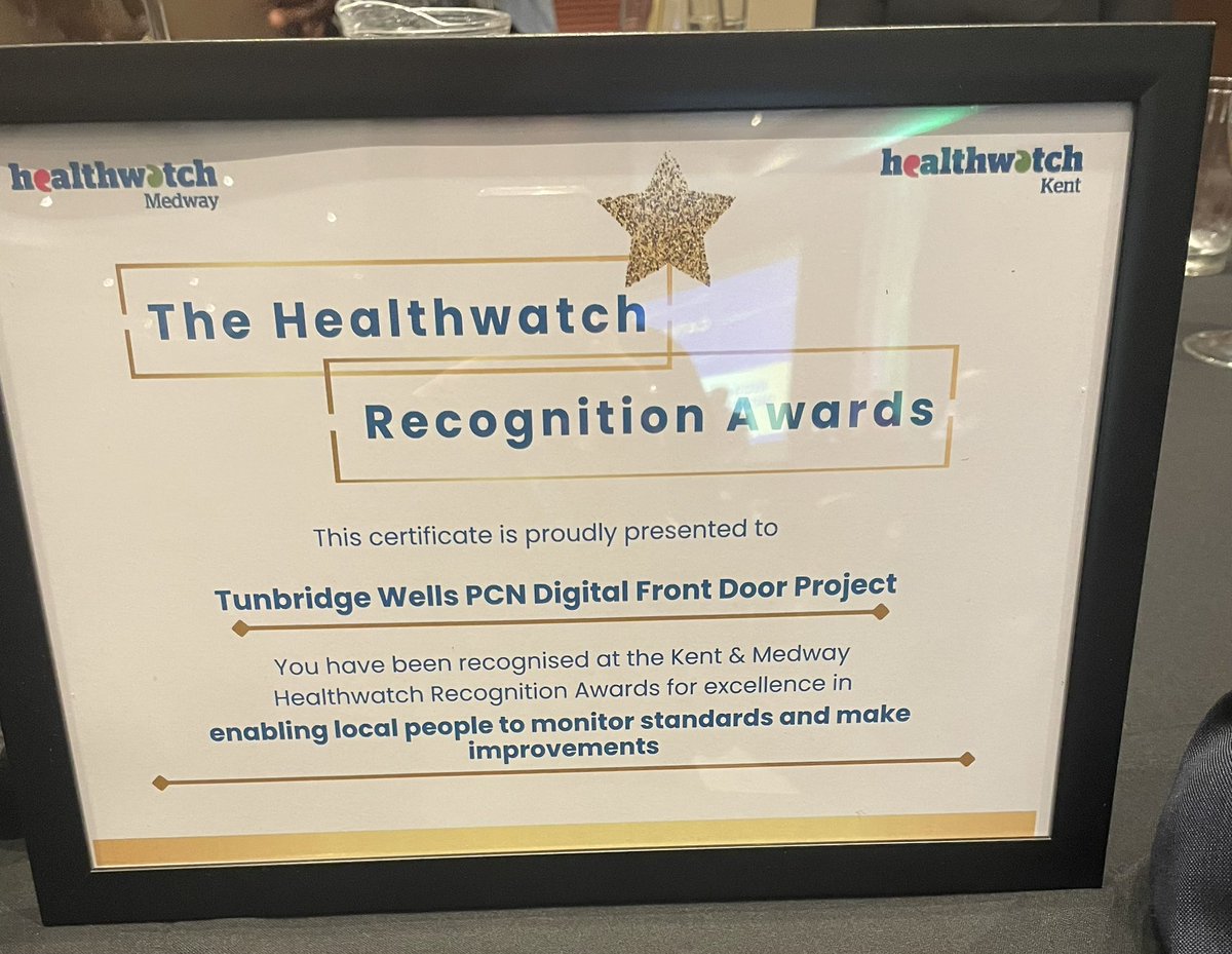 Thank you #Healthwatch recognition awards for the local people improvements award for the WKHCP Tunbridge Wells PCN digital front door project!  Congratulations to our fantastic PCN &amp; to Healthwatch 🥳🥳