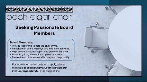 📣 Join Bach Elgar Choir's Board! Hamilton's premier symphonic choir seeks members with expertise in finance, fundraising, non-profit governance and law, or marketing. Make your mark on one of Canada’s oldest and most respected choral organizations! 

#HamOnt #VolunteerSupport