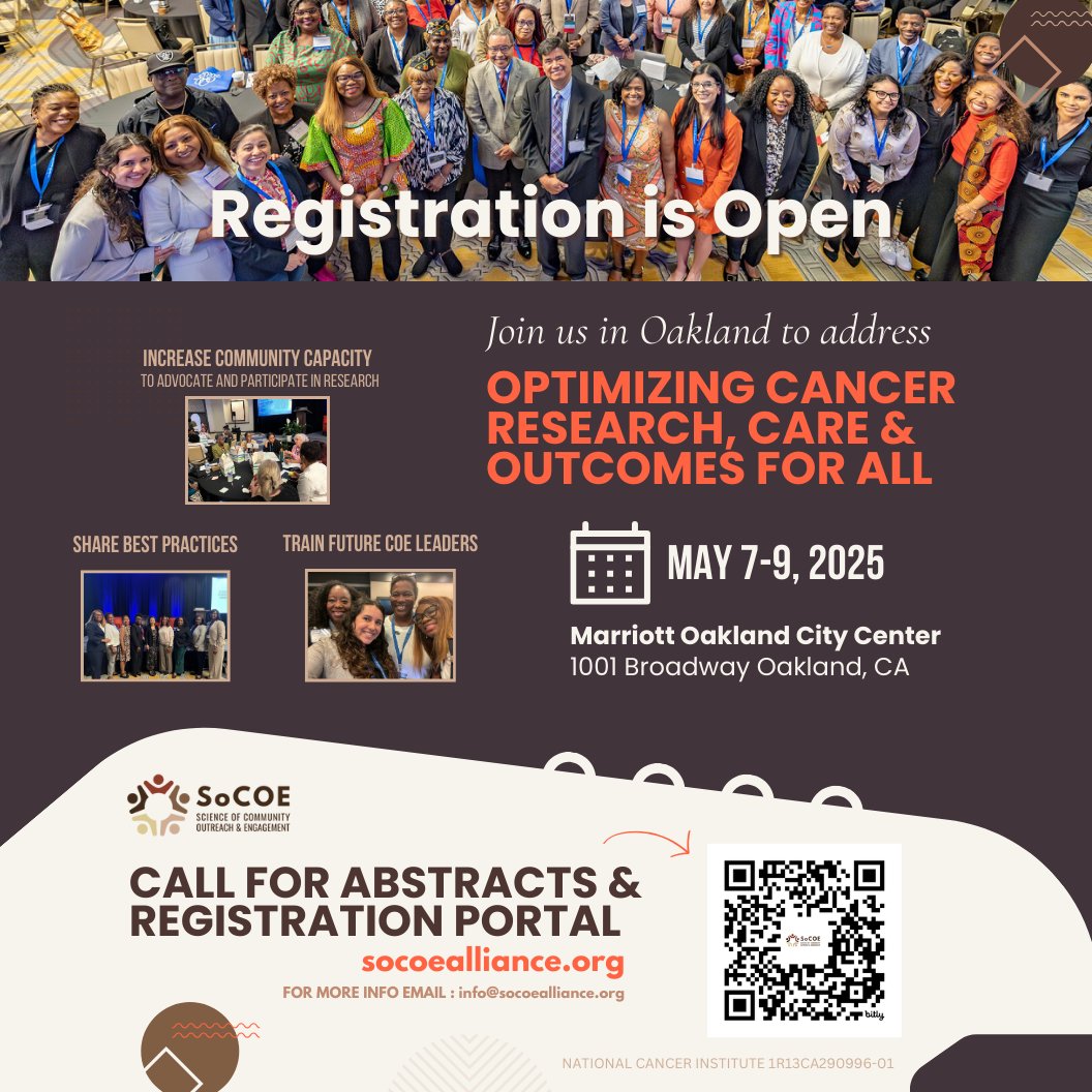 We are almost at full capacity! 🥳Join us May 7th-9th to explore strategies for boosting community engagement in cancer research, register today! 🎉 #SoCOE2025   

For Registration: redcap.ucsf.edu/surveys/?s=3KR…

For for information: socoealliance.org