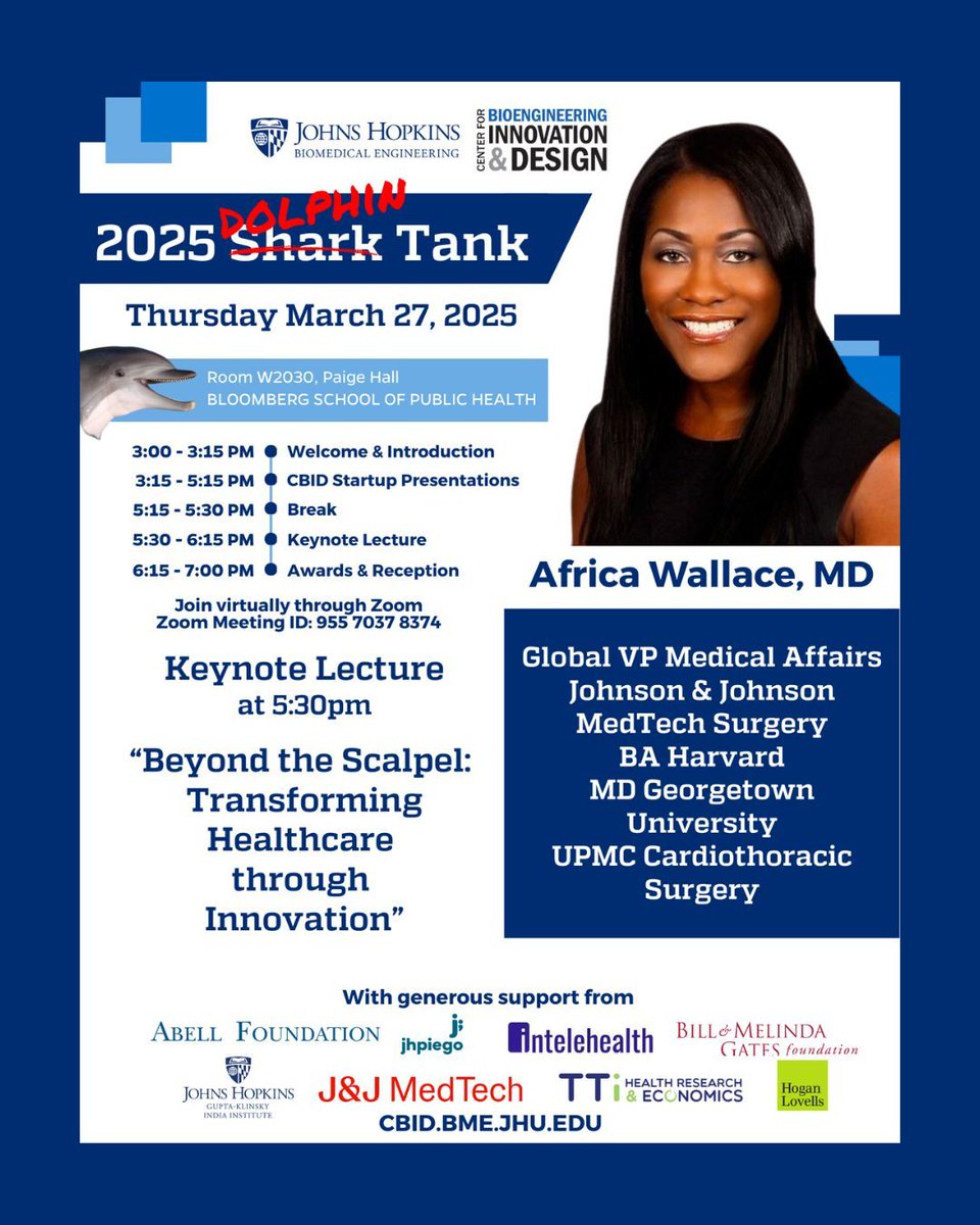 Johns Hopkins CBID (@jhu_cbid) on Twitter photo Tomorrow! đ¨ Join us for the 2025 CBID Dolphin Tank on March 27 at BSPH!
Startup pitches + 5:30 PM keynote from Dr. Africa Wallace, MD (J&J MedTech).
Awards & reception to followâdonât miss it!
<a href="/JHUBME/">Johns Hopkins BME</a> #jhucbid #cbid #bme #medtech Tomorrow! đ¨ Join us for the 2025 CBID Dolphin Tank on March 27 at BSPH!
Startup pitches + 5:30 PM keynote from Dr. Africa Wallace, MD (J&J MedTech).
Awards & reception to followâdonât miss it!
<a href="/JHUBME/">Johns Hopkins BME</a> #jhucbid #cbid #bme #medtech