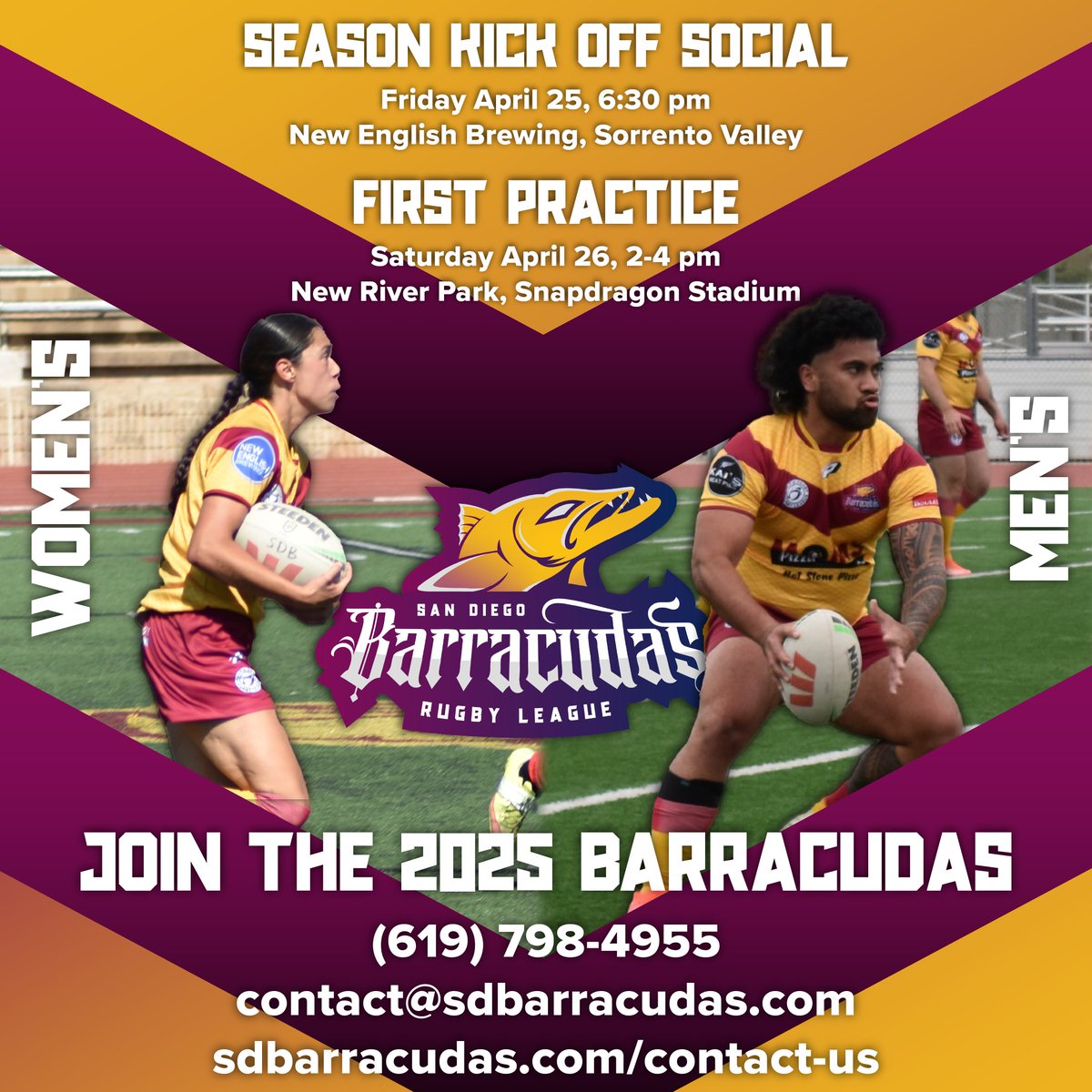 🚨LOCK IN🚨 The 2025 season is here!

Join us for the Barracudas Season Kickoff Social on April 25, then hit the field for our first practice on April 26.

New and returning players, men's and women's — this is where it all starts
#SeasonKickoff #LockIn #rugbyleague #CudaFamily