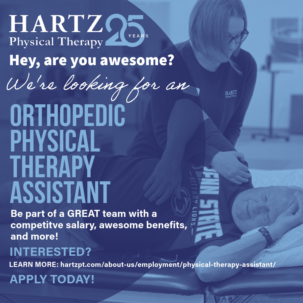 We are seeking a full-time licensed PTA interested in specializing in orthopedics. We are open to both applicants with experience and new graduates. To learn more &amp; apply go to: hartzpt.com/.../physical-t…
#hiring #physicaltherapyassistant #PTA