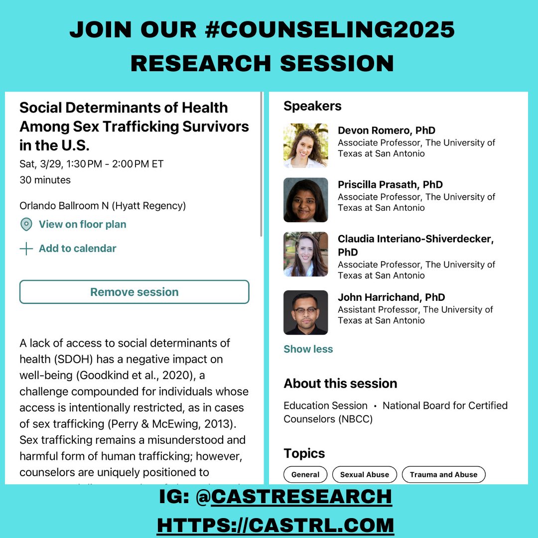 #Counseling2025 
<a href="/ACACounselors/">American Counseling Association</a> <a href="/CounselingUTSA/">The Department of Counseling @ UTSA</a> 

Session Title: Social Determinants of Health Among Sex Trafficking Survivors in the U.S. 

This presentation will highlight our findings and provide recommendations for counseling. #ACA2025 #SDOH #SexTrafficking #Research #UTSA