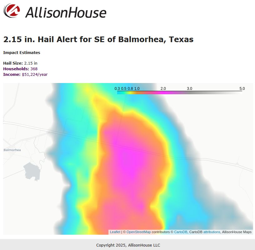 AH_Status's tweet image. Here are our hail alerts in action. We're processing every scan but plan to allow you to choose for alerts to be processed every half hour to reduce the frequency. Size, household # and income are all configurable filters. Currently email only but adding text messages shortly.