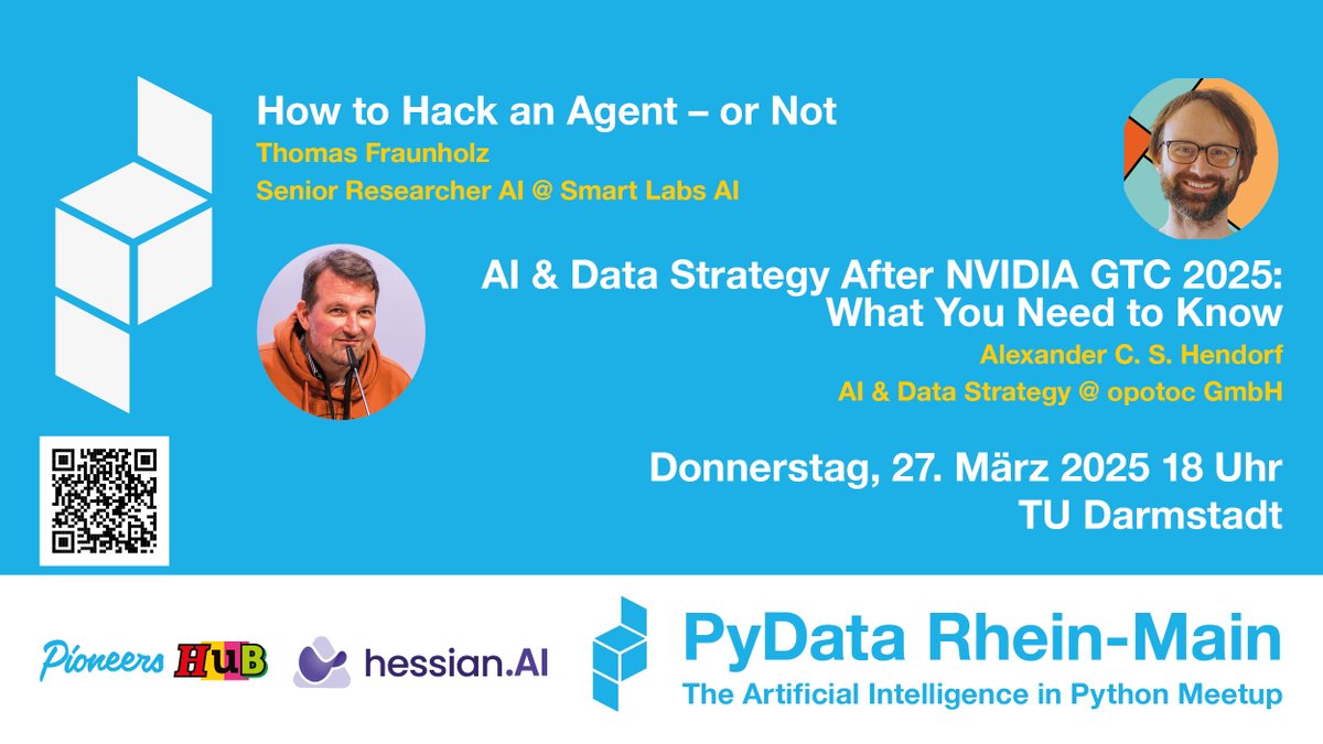 Alexander CS Hendorf (@hendorf) on Twitter photo Join us at <a href="/PyDataFFM/">PyData Rhein-Main - 🤖 AI in 🐍 Python</a> tomorrow at <a href="/TUDarmstadt/">TU Darmstadt</a>
or 🍿 remotely on YouTube (link are on meetup).
meetup.com/de-DE/pydata-r… Join us at <a href="/PyDataFFM/">PyData Rhein-Main - 🤖 AI in 🐍 Python</a> tomorrow at <a href="/TUDarmstadt/">TU Darmstadt</a>
or 🍿 remotely on YouTube (link are on meetup).
meetup.com/de-DE/pydata-r…