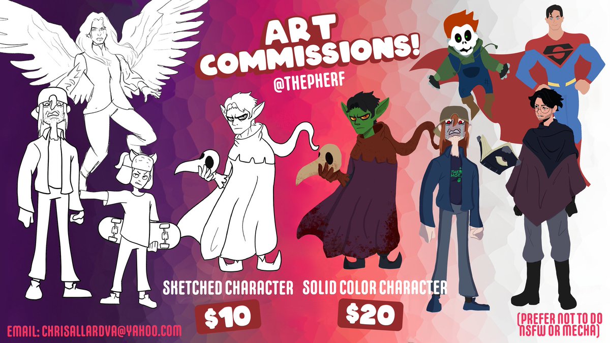 ThePherf's tweet photo. 🎨🖌️Hey there! My name is Chris and I do art! AND I'll do art for YOU (if you are willing to pay me). I've come under some financial problems recently so boosting this is very appreciated!!! 💥 (Sorry for repost had to update some stuff) #art #Commission #oc #dnd https://t.co/Tw9OjanxV7