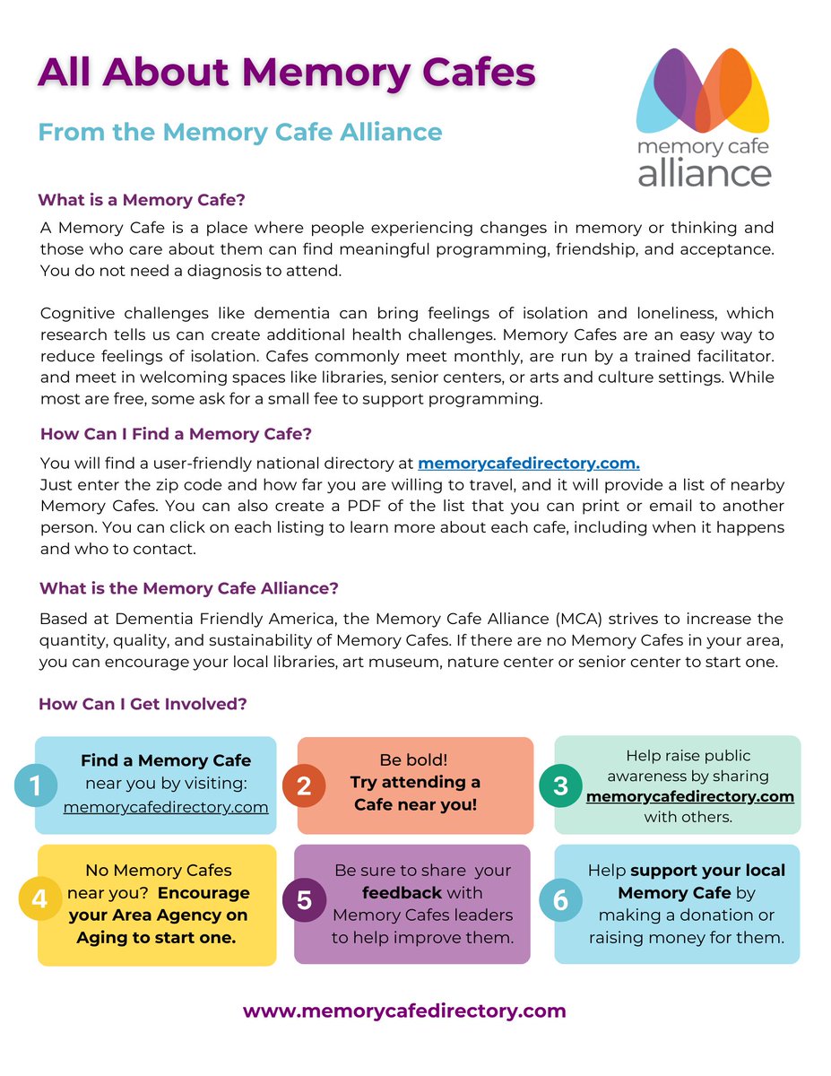 Memory Cafes are places where people experiencing changes in memory or thinking, along with their family, friends and care partners can come together to enjoy meaningful programs, camaraderie and fun. 
Find one near you or learn how to start your own at memorycafedirectory.com.