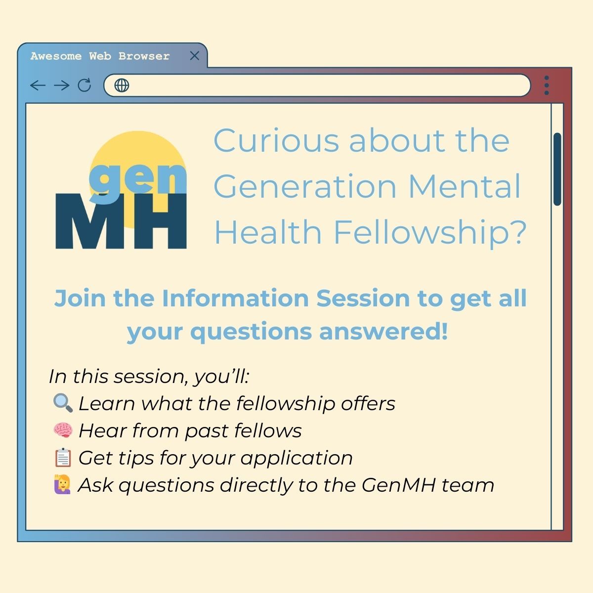 GenMHTeam's tweet image. 🌍 The University Mental Health Fellowship: A Global Opportunity for Mental Health Advocates!

📅 Information Session date: 29th March 2025 by 4pm GMT
🔗 Apply now: generationmentalhealth.org/Fellowship