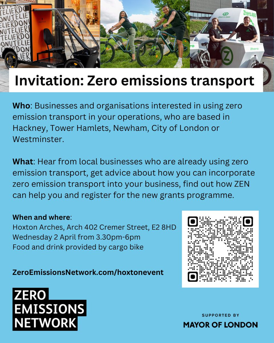 Want to adopt zero emissions transport in your business operations?  Want to speak to businesses who are using cargo bikes and couriers, car clubs and EVs already?  Come along to the ZEN event on 2 April and find out about ZEN grants and offers. Sign up: zeroemissionsnetwork.com/hoxtonevent