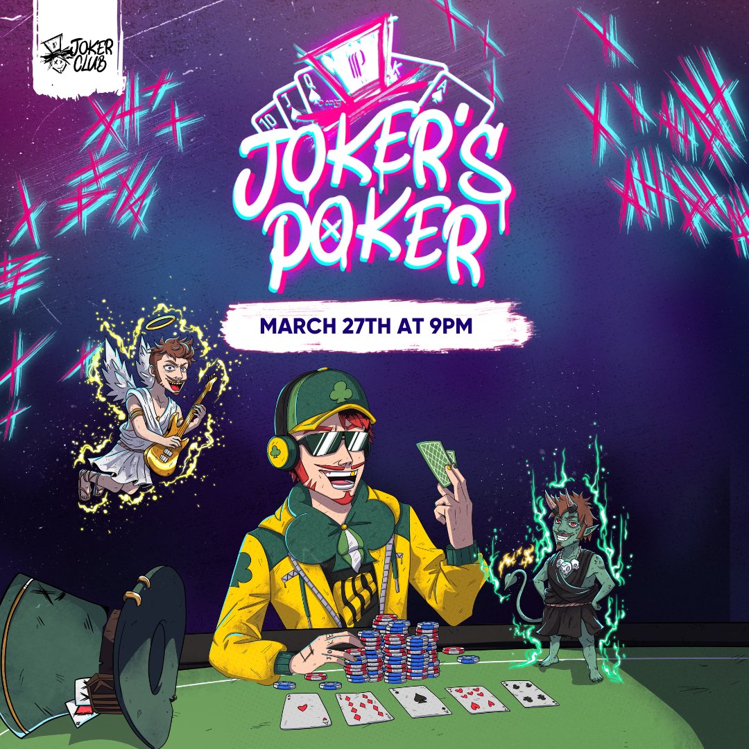 JokerClubSpirit's tweet photo. 🚨 TOMORROW: It’s Poker Night! 🚨
The best Joker Club Holders face off at the table. Want in? Make sure you hold a Joker NFT!
🎟 Get yours here: Opensea https://t.co/gouj3EyCHi
♠️ Game: March 27
#NFTPoker #JokerClub #HoldersOnly https://t.co/A5URawuaE1