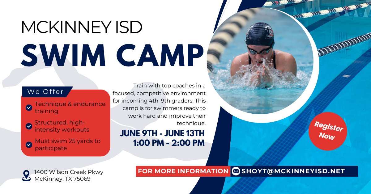 McKinney ISD Swim Camp – Incoming 4th-9th Graders!

Get ready to make a splash! 🌊 Join us June 9-13 at the Sam Serio Natatorium for an action-packed swim camp! Improve your technique, build endurance, and have a blast! 🏊‍♀️🏊‍♂️

Register: mckinneyisd.store.rankone.com/Camp/List