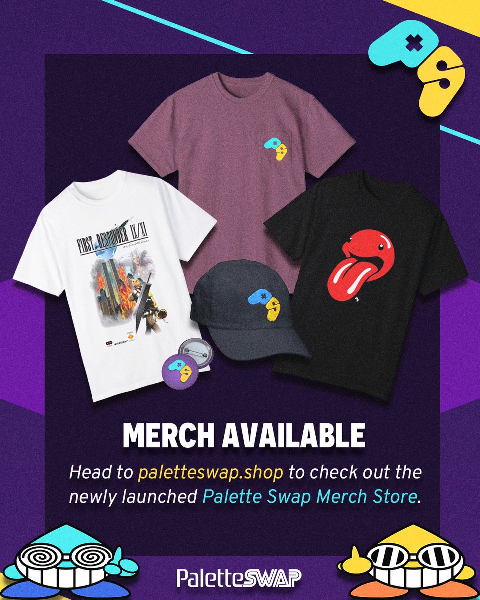 PaletteSwapMag's tweet image. 🗣️THE PALETTE SWAP SHOP IS OPEN FOR BUSINESS
take a look at paletteswap.shop for some great graphic tees, as well as hats stickers, and buttons featuring our logo (and our mascots Pal & Swap!)