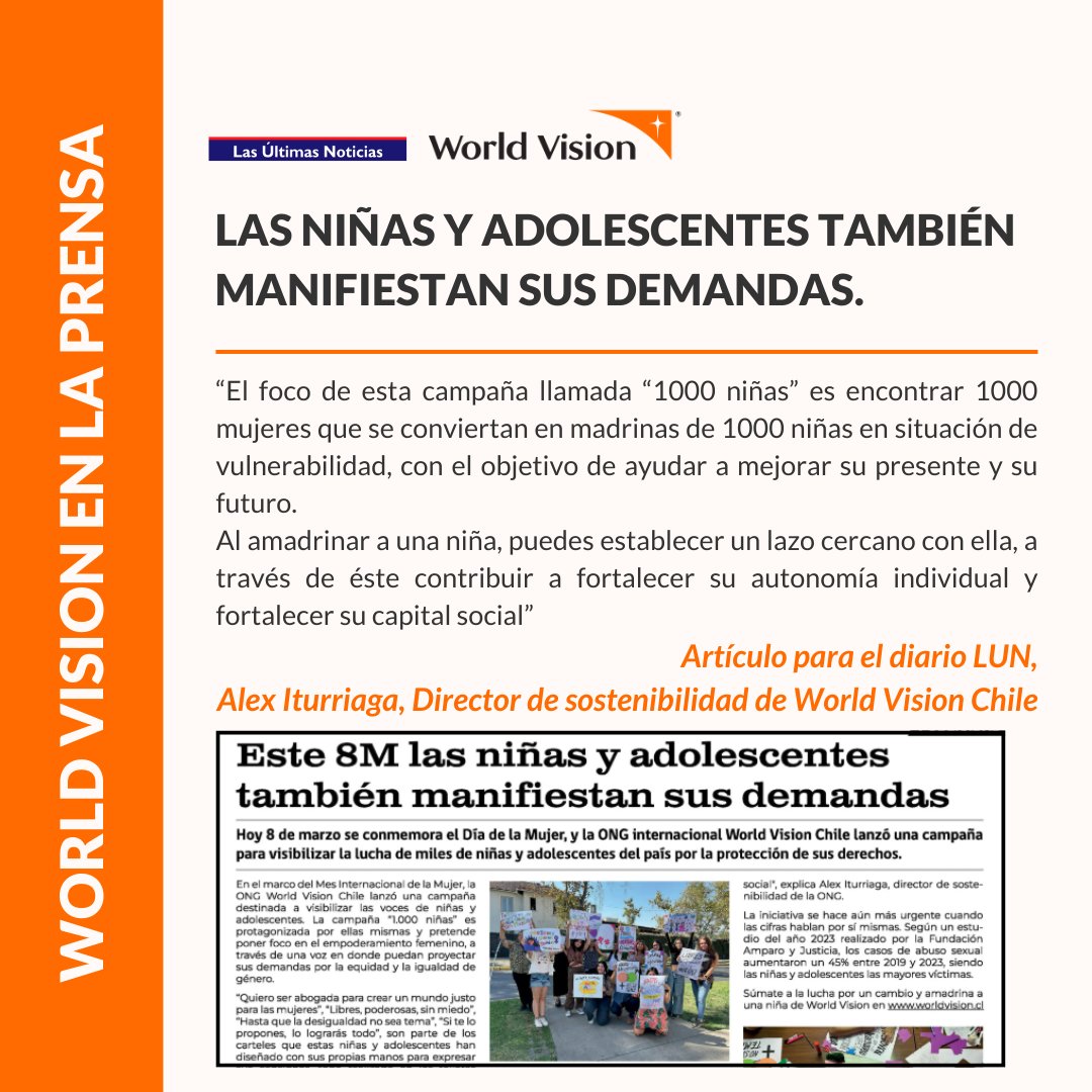 En el marco del Mes Internacional de la Mujer, en World Vision Chile lanzamos la campaña #1000Niñas con un propósito claro: visibilizar la lucha de miles de niñas y adolescentes por la protección de sus derechos.

📢 ¿Te sumas a esta causa? 
👉 lnkd.in/euWaY6xM