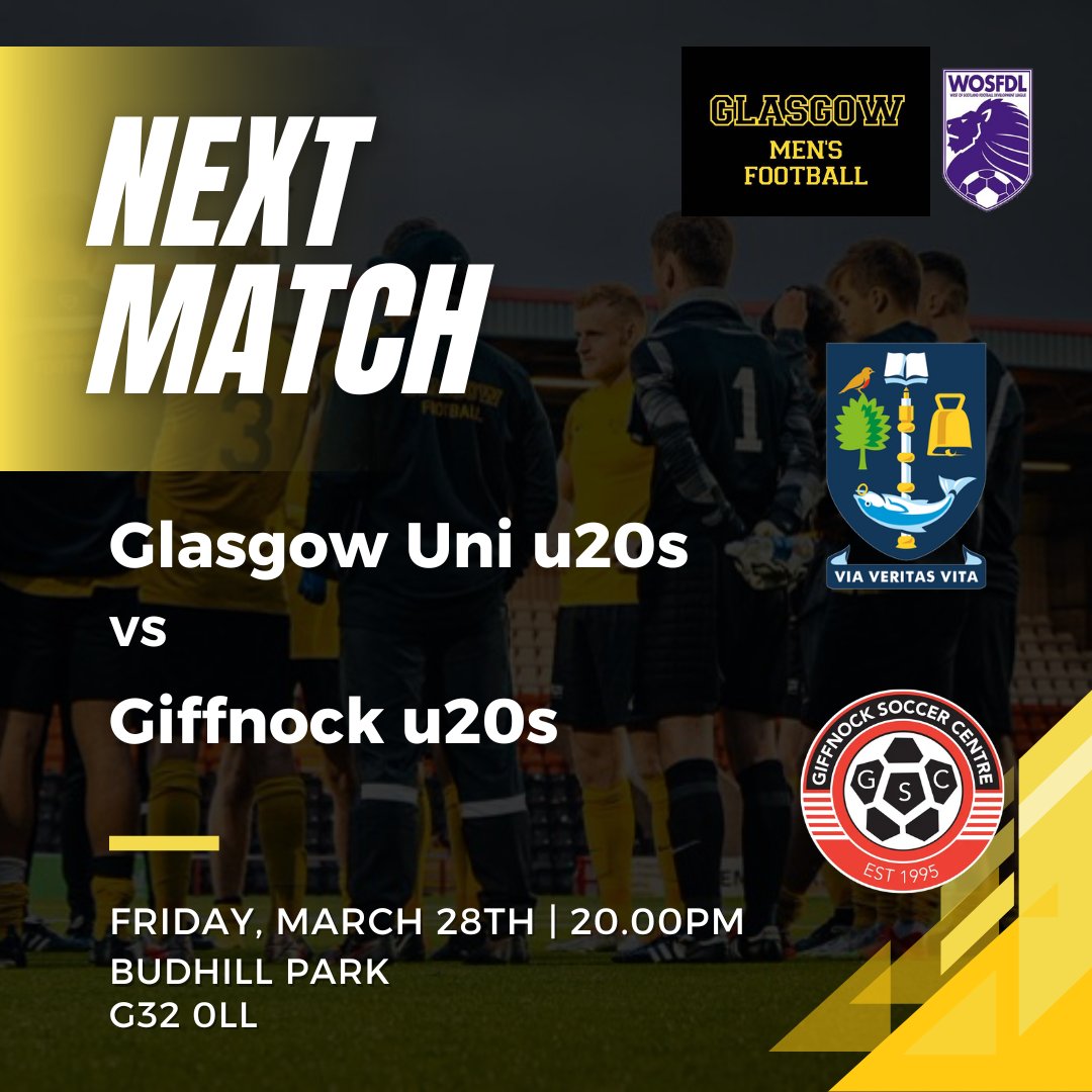 🟡⚫️ Next Match

As our season nears its conclusion, we gear up to host <a href="/GiffnockSCU20s/">Giffnock SC U20s</a> in our penultimate league match under the lights

📅 Friday 28 March
🏟️ Budhill Park
📍 2A Hallhill Road, Springboig, Glasgow, G32 0LL
⏲️ KO 20:00

📣 Come support the boys!  
<a href="/GlasgowUniFC/">GUFC</a>
