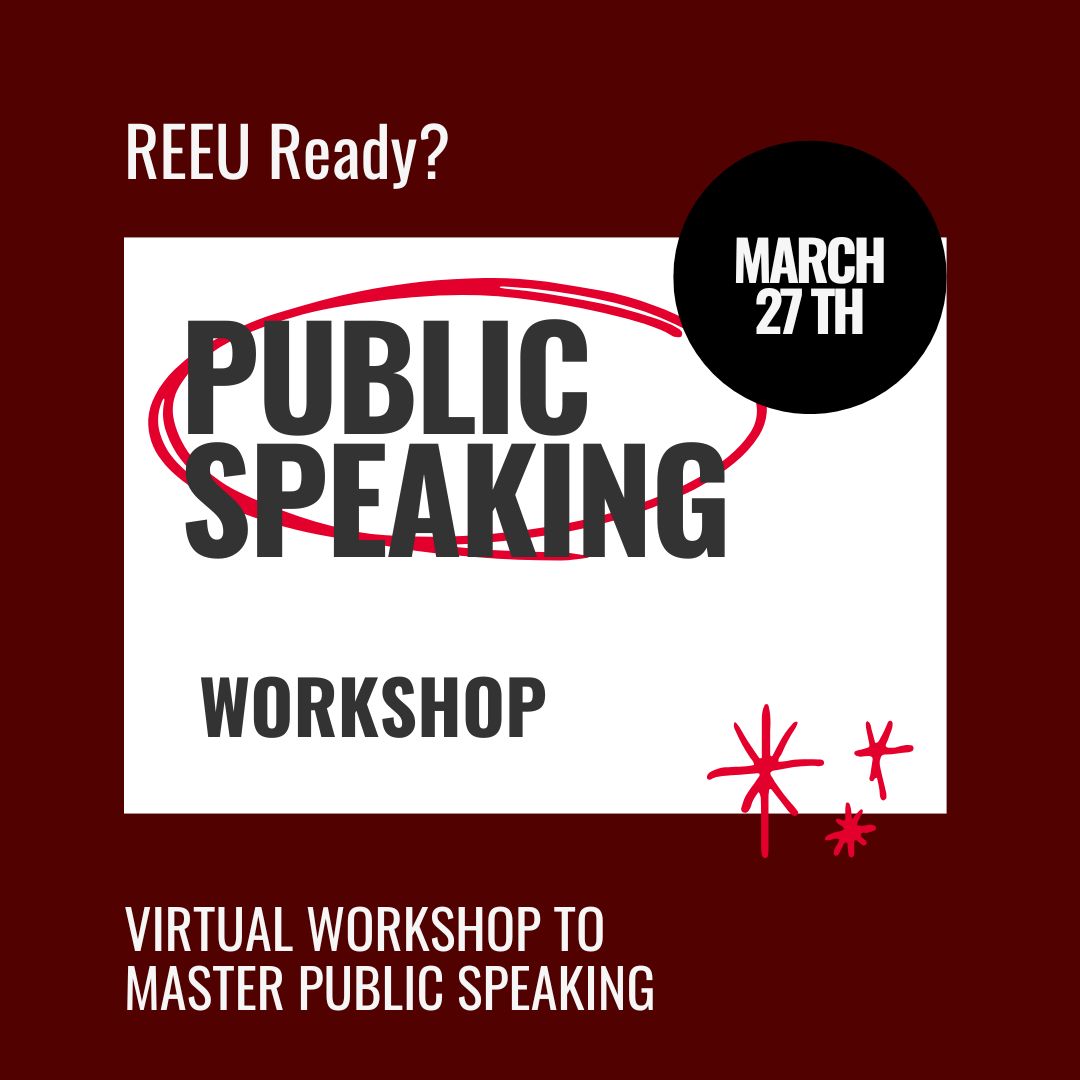 The REEU-ECN invites you to their REEU Ready? Workshop Series: Mastering Public Speaking🗣️  Dr. Craig Rotter will be presenting, sharing strategies to boost your confidence, engage audiences and deliver impactful presentations! Join us by registering at: forms.office.com/r/U1YaDkm3w3