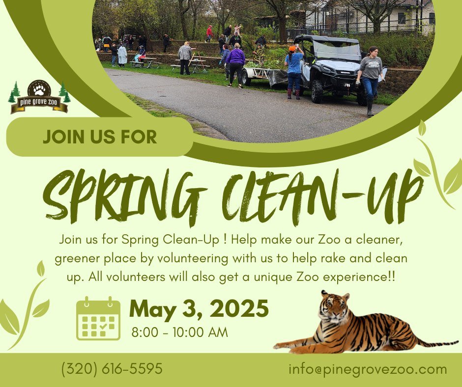 cdcmorrisonmn's tweet image. 📣 Calling all volunteers!
The #PineGroveZoo is seeking volunteers to join them for the annual #SpringCleanUp at the Zoo on Saturday, May 3rd. Please come lend a hand and be part of something truly special! 🐾

#VolunteersNeeded #LittleFallsMN #MorrisonCounty