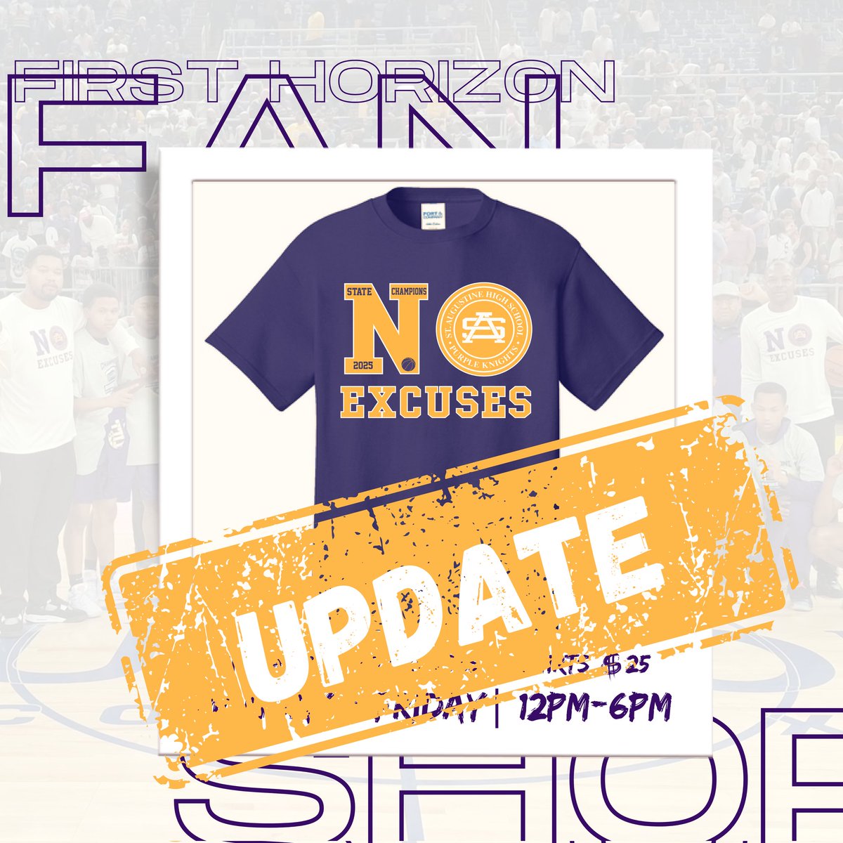📢 FAN SHOP UPDATE 📢 Due to shipping delays, all pre-ordered "No Excuses" State Champion t-shirts will be available for pick-up on Thursday, March 27, from 12 PM - 6 PM at the First Horizon Fan Shop. Thank you for your patience and support!