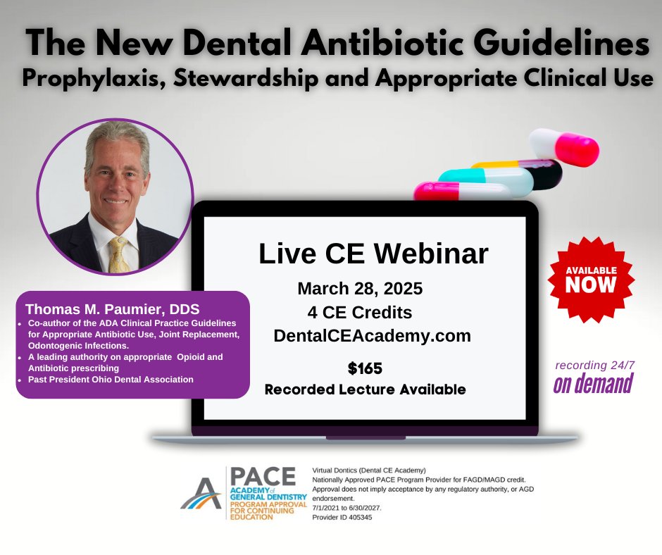 📅 LIVE CE WEBINAR - March 28!
🦷 The New Dental Antibiotic Guidelines
  Dr. Thomas M. Paumier, DDS – leading authority on dental antibiotic prescribing.
💊 Protect patients. Prevent resistance.
🎓 4 CEU
🔗 Register now: dentalceacademy.com/paumier-antibi…  #Dentist #dental #dentistry