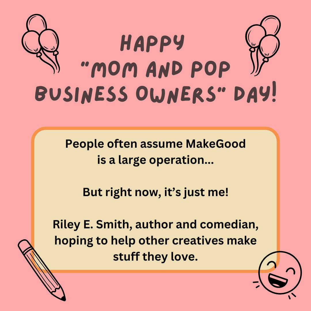 MakegoodNetwork's tweet image. I don't like to jump on "national holiday" posting trends usually, but Mom and Pop Business Owners day seems like a great time to re-introduce myself!

I'm Riley, an author and comedian. I want to help YOU make more of the stuff you want to make.