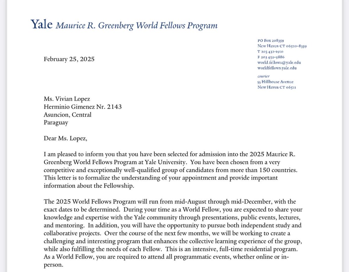 Orgullo es poco, <a href="/VivianLopezNu/">Vivian López Núñez</a> ha sido admitida en Yale University, para su programa de formación de líderes para el mundo 16 personas de casi 5000 postulantes, un logro para ella y para el Paraguay, <a href="/RtrivasRivas/">Ricardo Rivas</a>, <a href="/robertoperezpy/">Roberto Pérez</a> <a href="/hectordalegre/">Hector Alegre, MAPyG</a> <a href="/pepecosta/">Pepe Costa 💙❤</a>.