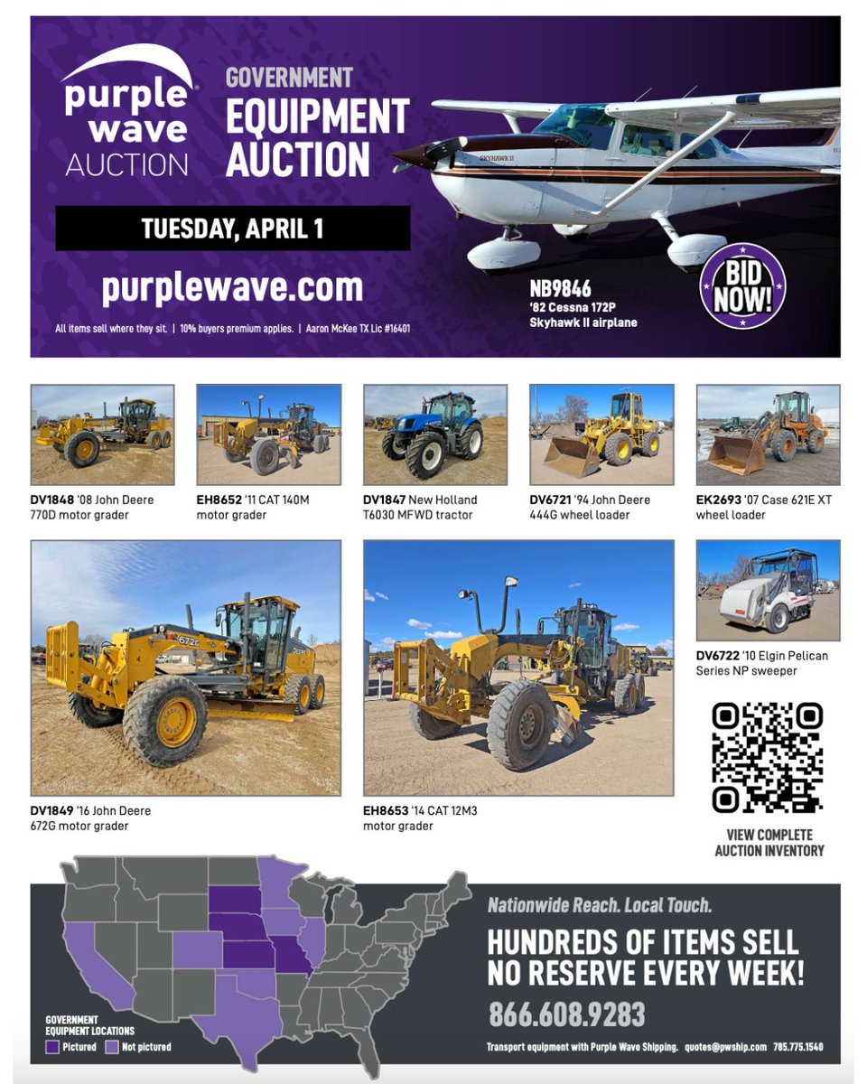 From the sky to the job site—this auction has it all! On Tuesday, April 1, bid on a unique lineup featuring an airplane, construction equipment, vehicles, and more. No reserves, nationwide bidding, get in now!
bit.ly/4c1KrBp