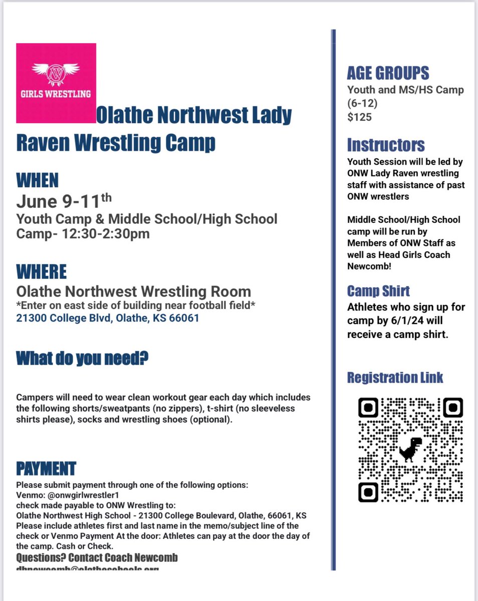 Olathe Northwest Girls Wrestling (@onwwrestleraven) on Twitter photo Here is the ONW Girls Camp Flyer!
June 9-11 12:30-2:30pm
$125 and a Camp shirt
Hoping for our biggest turnout to date! <a href="/ChrisZuck/">Chris Zuck</a> Here is the ONW Girls Camp Flyer!
June 9-11 12:30-2:30pm
$125 and a Camp shirt
Hoping for our biggest turnout to date! <a href="/ChrisZuck/">Chris Zuck</a>
