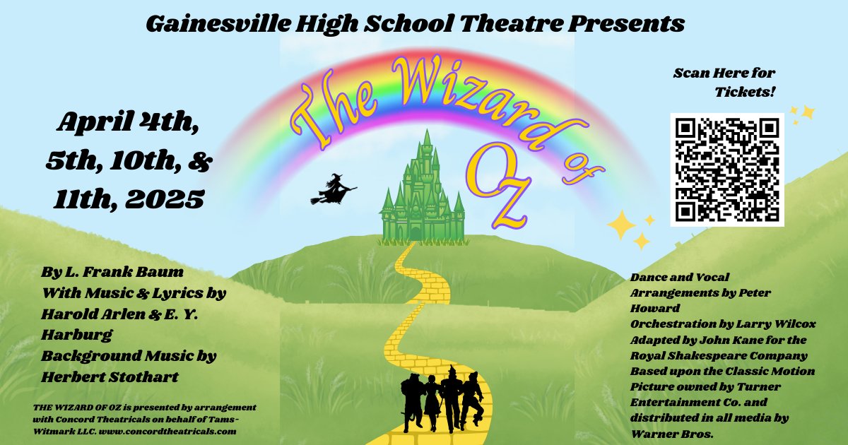 Gainesville High School Theatre proudly presents an American Classic: The Wizard of Oz! April 4th, 5th, 10th, &amp; 11th! Get your tickets today!
my.hometownticketing.com/agency/8695ad9…
