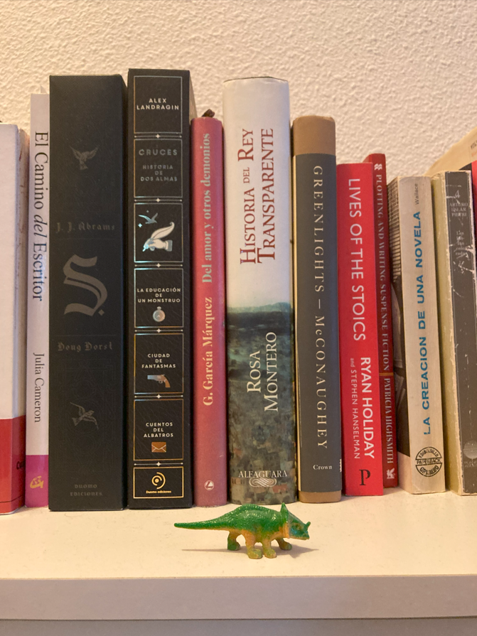 DecibelesLit's tweet photo. @BrunaHusky , en la última feria del libro de El Retiro me regalaste este pequeño dinosaurio, que atesoro. Ronda por una de las baldas de mi biblioteca y hoy pensé que compone una imagen muy significativa: ¡los libros son inmensos! Más grandes, incluso, que un dinosaurio :) https://t.co/t30UWzZfjI