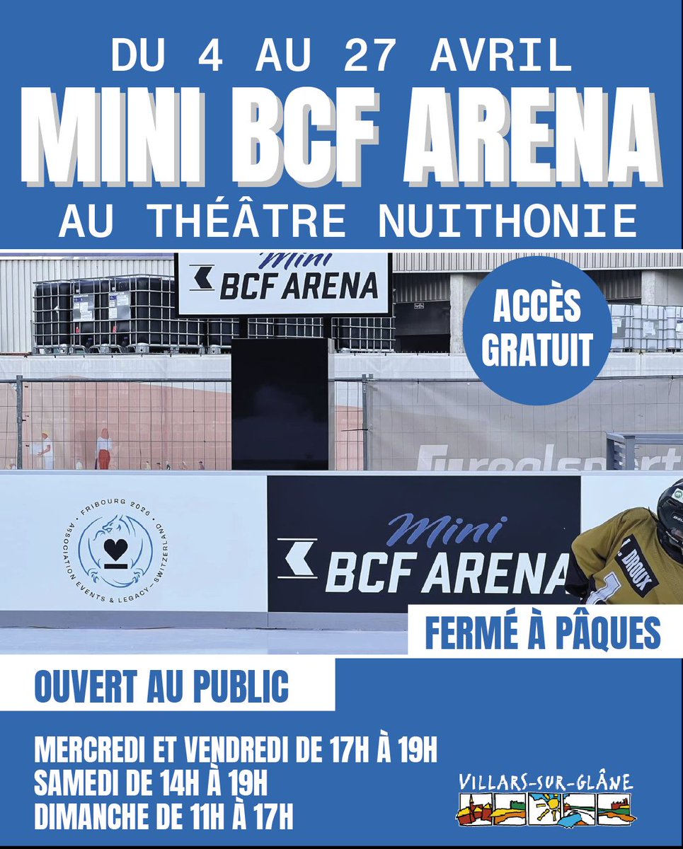 ⛸️ Patinez gratuitement à la Mini BCF Arena à Villars-sur-Glâne !
📍 Théâtre Nuithonie
📅 Du 4 au 27 avril
🕒 Mer &amp; ven 17h–19h, sam 14h–19h, dim 11h–17h
👟 Équipement dispo aux Didascalies
🎟️ Entrée libre
📌 Fermé à Pâques

#MiniBCFArena
