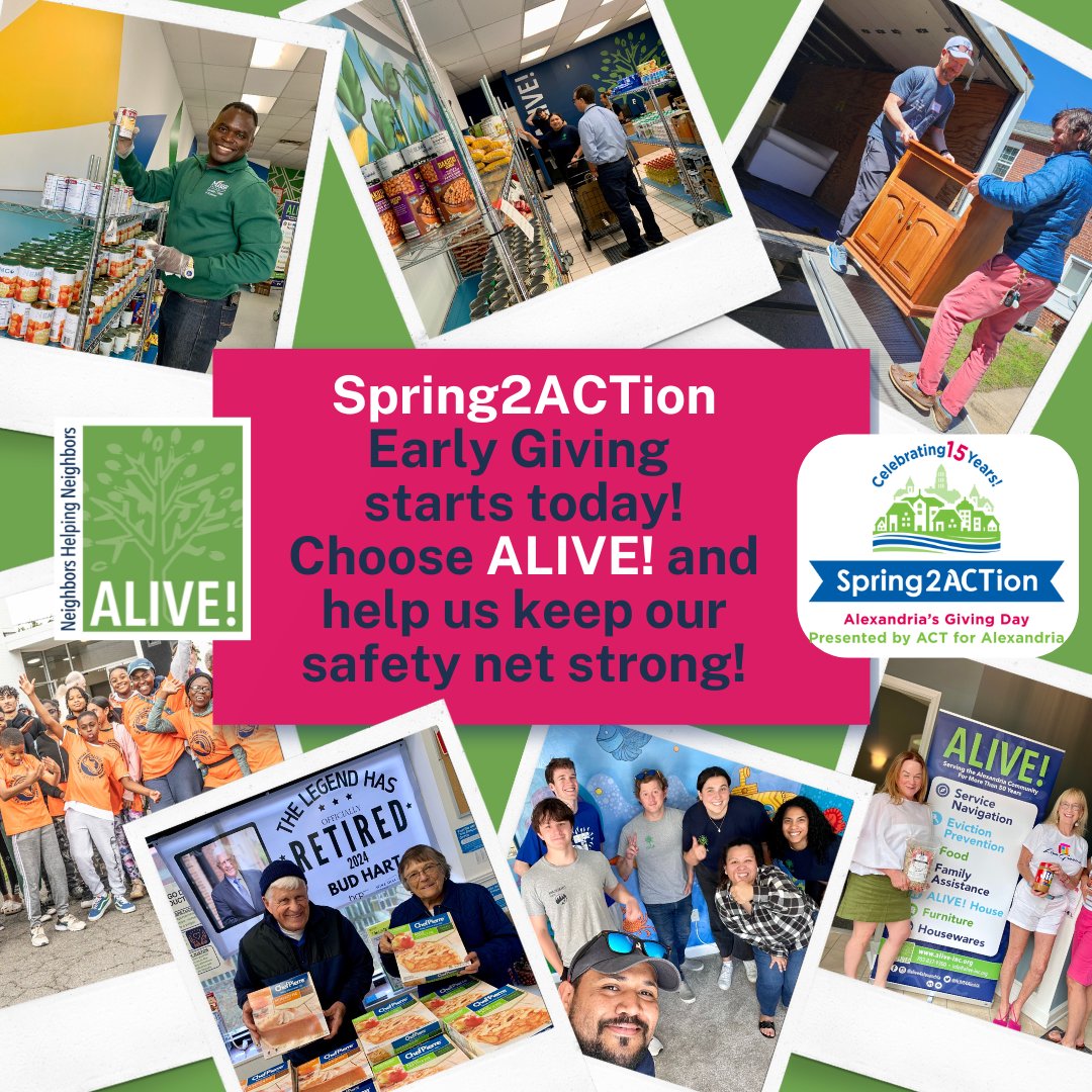 Early giving is OPEN for #Spring2ACTion!
ALIVE! is working around the clock to make sure Alexandrians have food, housing, and support during uncertain times. Your gift today will be matched up to $20,000 thanks to the Mason Hirst Foundation. More at: spring2action.org/organizations/…