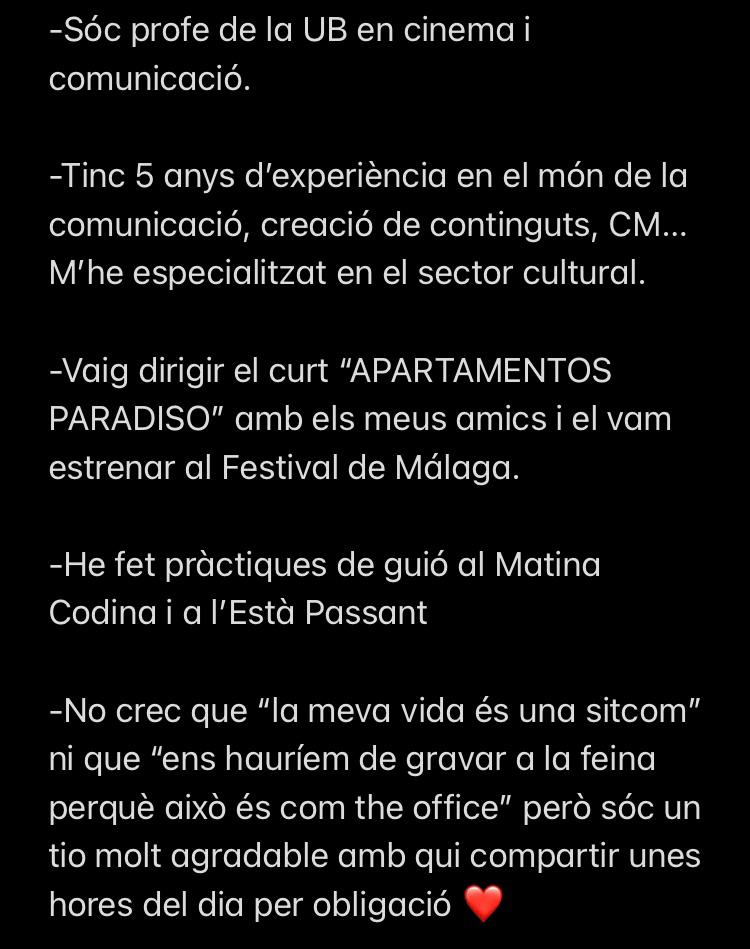 💼BUSCO FEINA!
comunicació-creació contingut/redacció-guió/cinema

🔗links dispersos...

🟣CONTINGUT XARXES: bit.ly/3RjKnDw
🔵ALGUN ARTICLET: bit.ly/3QONCms
🟡APARTAMENTOS PARADISO (curt): bit.ly/3Rn1yUO