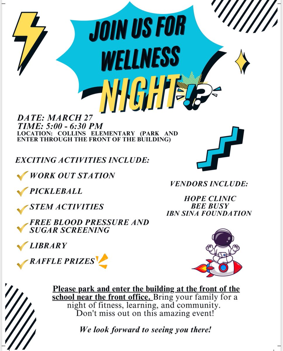 Mimi Dinh (@ms_dinhdinh) on Twitter photo Join us for Wellness Night tomorrow! Get ready for a fun filled evening of games, delicious healthy snacks, and great company. Come hang out, meet new friends, and enjoy a night of wellness and community fun! <a href="/ExplorersCol/">Collins Elementary</a> Join us for Wellness Night tomorrow! Get ready for a fun filled evening of games, delicious healthy snacks, and great company. Come hang out, meet new friends, and enjoy a night of wellness and community fun! <a href="/ExplorersCol/">Collins Elementary</a>