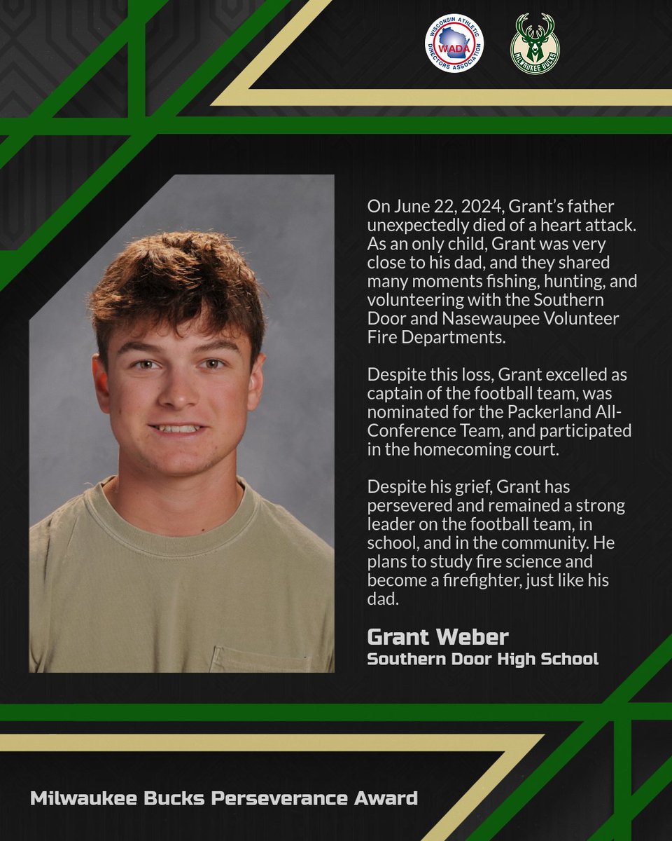 WADA Wisconsin (@wadawisconsin) on Twitter photo Congratulations to Grant Weber from Southern Door High School, a Milwaukee <a href="/Bucks/">Milwaukee Bucks</a> Perseverance Award recipient! This award celebrates #studentathletes who overcame adversity to compete & excel in #educationbased athletics! More info: gowada.org/recognition/mi… #OurPathTogether Congratulations to Grant Weber from Southern Door High School, a Milwaukee <a href="/Bucks/">Milwaukee Bucks</a> Perseverance Award recipient! This award celebrates #studentathletes who overcame adversity to compete & excel in #educationbased athletics! More info: gowada.org/recognition/mi… #OurPathTogether