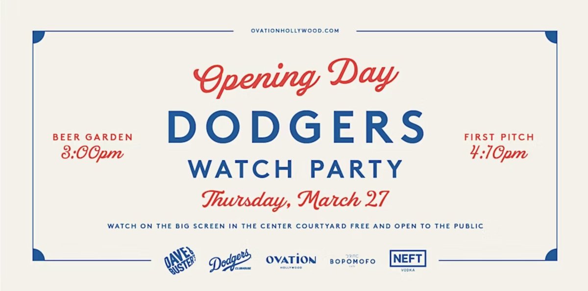 HMDBID's tweet image. ⚾️ Dodgers Opening Day Watch Party! 🎉
Join us at Ovation Hollywood for the ultimate Dodgers celebration! Big screen, drinks, food, &amp;amp; live mariachi vibes! 🎶

Date: 3/27
🍻 Bar: 3pm | 🎶 Mariachis: 3:05pm | ⚾️ First Pitch: 4:10pm

Rsvp: eventbrite.com/e/dodgers-open…