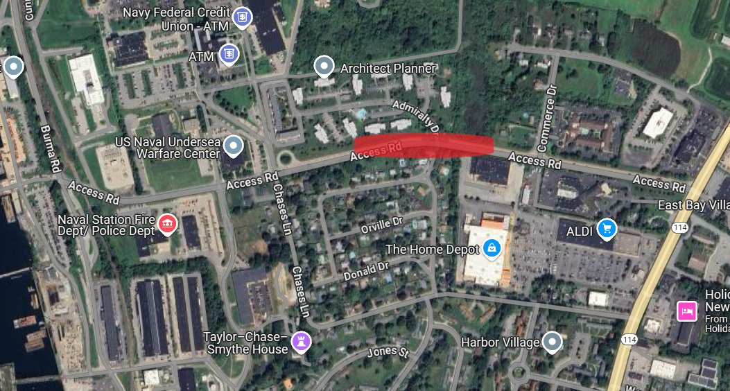 A commercial vehicle is delaying traffic and causing backups on Access Road, just east of Chases Lane and NUWC Gate 23. Installation personnel should seek alternate routes to get to West Main Road. Local law enforcement is on scene and taking steps to clear the vehicle.