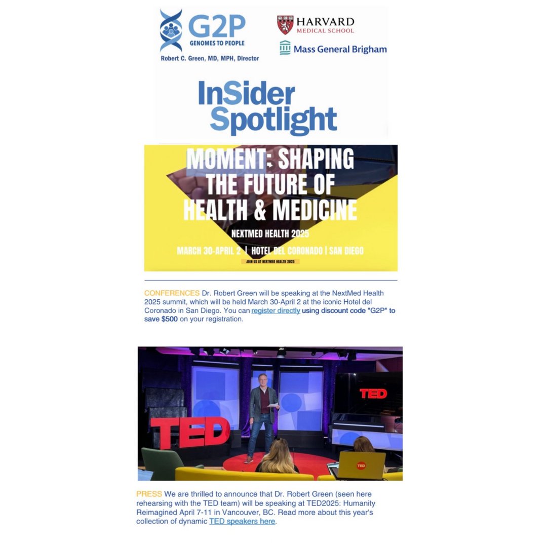 Genomes2People (@genomes2people) on Twitter photo đź“© G2P March 2025 Newsletter is here!
Get the inside scoop on #BabySeq's groundbreaking discoveries, Dr. <a href="/RobertCGreen/">Robert C. Green</a>'s must-see talks, and the highly anticipated #ICoNS25 in London. Plus, the latest highlights from #ACMGMtg25 and more.
Read & Subcribe: genomes2people.org/wp-content/upl… 📩 G2P March 2025 Newsletter is here!
Get the inside scoop on #BabySeq's groundbreaking discoveries, Dr. <a href="/RobertCGreen/">Robert C. Green</a>'s must-see talks, and the highly anticipated #ICoNS25 in London. Plus, the latest highlights from #ACMGMtg25 and more.
Read & Subcribe: genomes2people.org/wp-content/upl…