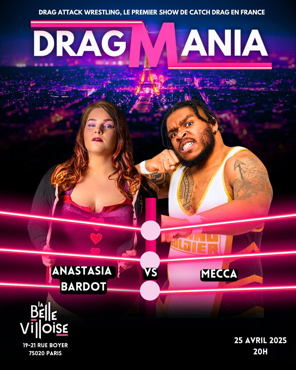 ‼️ NOUVEAU MATCH ANNONCÉ ‼️

Anastasia Bardot et Mecca, partenaires tag d'un soir, régleront leurs comptes lors de Dragmania !

📍 Rendez-vous à la Bellevilloise le 25 avril pour le show Dragmania !

Billetterie : shotgun.live/fr/events/drag…