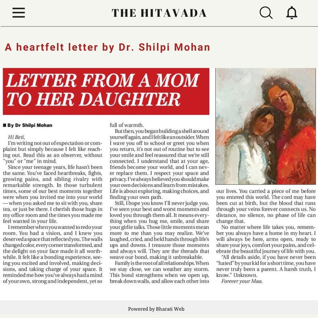 shilpimohan's tweet photo. #MotherDaughterBond #UnbreakableLove #MothersLove #HeartfeltLetter #DrShilpiMohan #HitavadaFeature #LettersOfLove #ParentingJourney #UnconditionalLove #MotherhoodMoments #FamilyFirst #LifeLessons #ForeverConnected #DaughterGoals #MomAndDaughter #ParentingWisdom #FamilyTies https://t.co/WSsuypCAOE