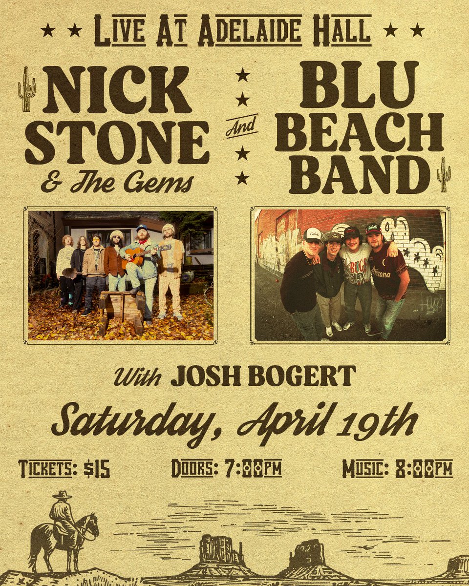 Indie-rockers Nick Stone &amp; The Gems are teaming up with alt-pop band Blu Beach Band for a show Adelaide Hall next month! With support from Toronto-based artist Josh Bogert, it's sure to be a great night of Canadian music 🤩

Tickets are on sale now.
🎟️: bit.ly/3Rougoc
