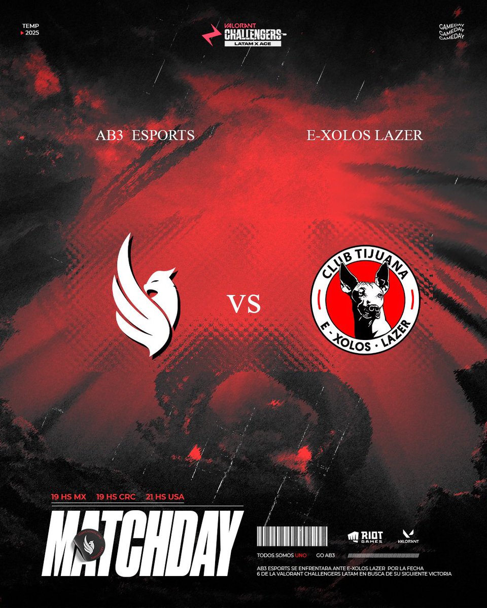AB3 ESPORTS (@ab3_esports) on Twitter photo Nuestro equipo está listo para el desafío🔥, con la fe intacta lo daremos todo en el enfrentamiento de hoy vs <a href="/exoloslazer/">E-Xolos LAZER</a> en la <a href="/VCL_LATAM/">VALORANT Challengers LATAM</a>
•
🕰️:7pm🇲🇽🇨🇷 *después del primer partido
•
#GoAB3 #valorant #VCLLATAM #esports #CostaRica Nuestro equipo está listo para el desafío🔥, con la fe intacta lo daremos todo en el enfrentamiento de hoy vs <a href="/exoloslazer/">E-Xolos LAZER</a> en la <a href="/VCL_LATAM/">VALORANT Challengers LATAM</a>
•
🕰️:7pm🇲🇽🇨🇷 *después del primer partido
•
#GoAB3 #valorant #VCLLATAM #esports #CostaRica