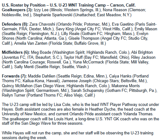 JeffKassouf's tweet image. The #USWNT U-23 roster, for the camp that will run concurrent to the senior team, features 18 pros and five college players (plus one unattached).

Lisa Cole will run the camp alongside Heather Dyche, Yolanda Thomas and Louis Hunt. Emma Hayes will observe throughout the week.