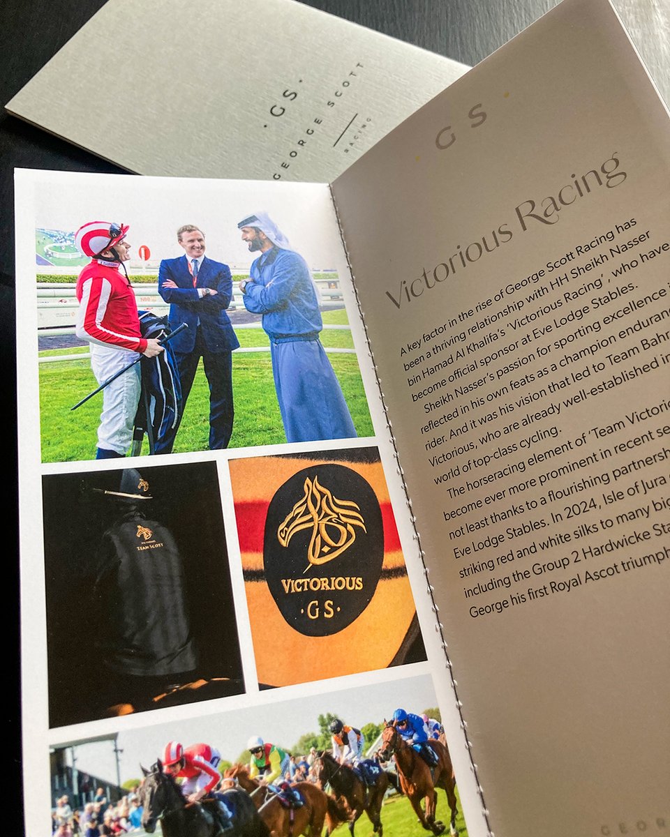 Great to be working again with <a href="/RushmerPR/">Tony Rushmer</a>  for leading horse trainer <a href="/GScottracing/">George Scott</a> on the design of their luxury promotional booklet on the exciting developments at the Eve Lodge Stables. Beautifully embossed and singer sewn stitched finish with quality editorial and photography.